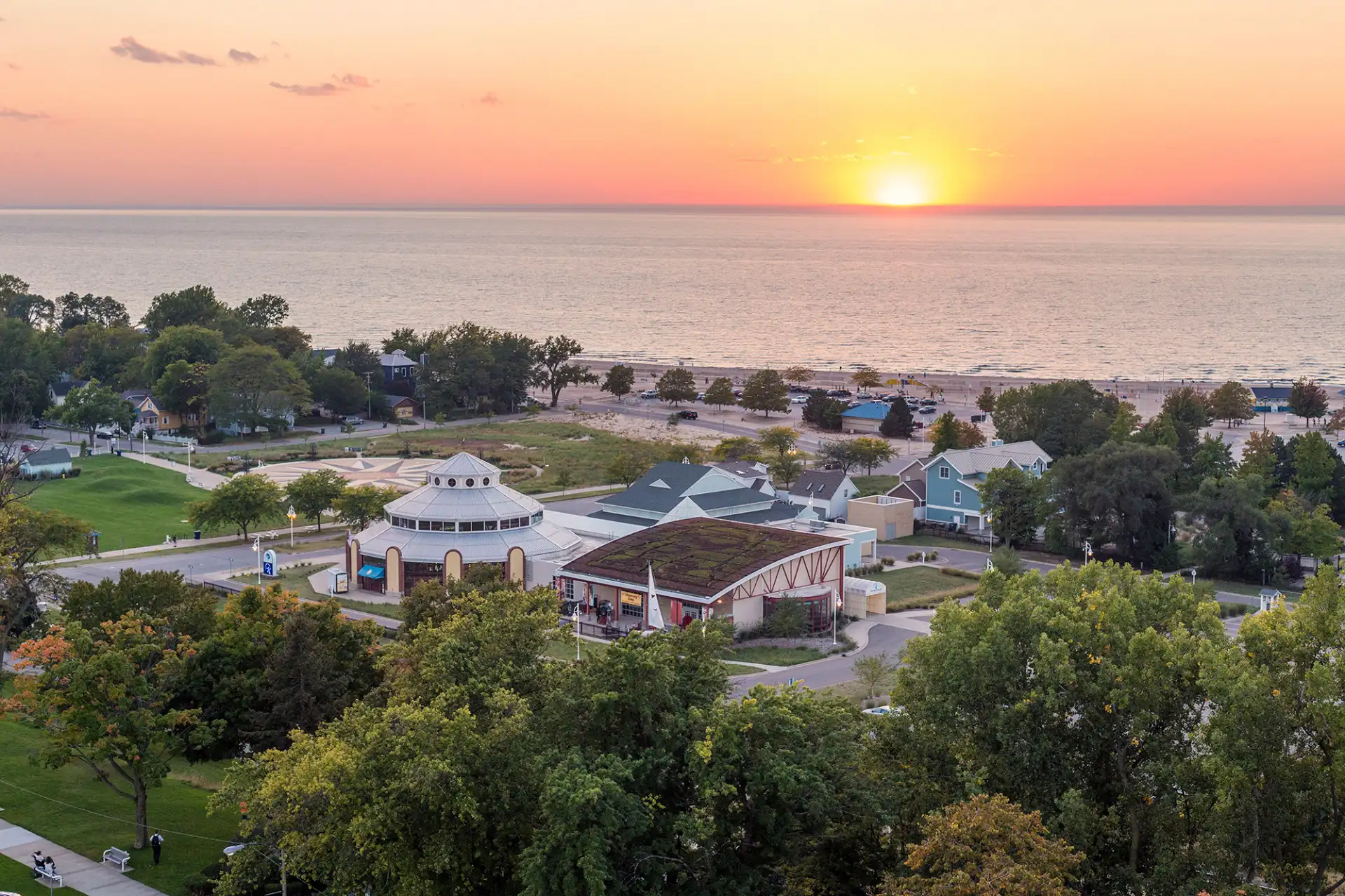 view of Silver Beach Carousel and Whirlpool splash pad from the bluff